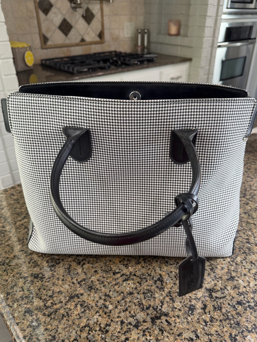 Vintage Paloma Picasso Houndstooth Canvas Tote Bag with Leather Trim
